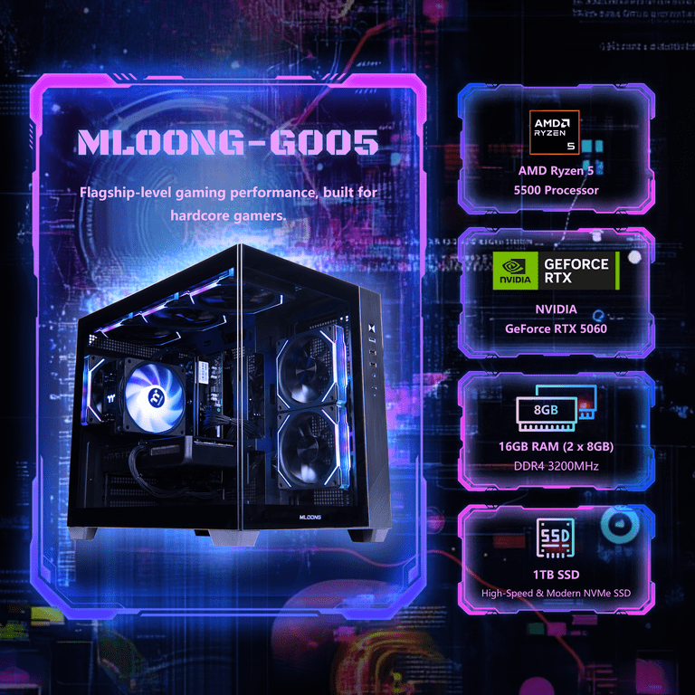 Mloong Gaming PC AMD Ryzen 5 5500, NVIDIA GeForce RTX 5060, 16GB