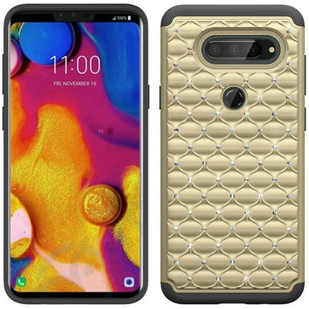 24k Layered - LG V40 ThinQ Case, by Insten Studded Rhinestone Crystal Dual Layer Hybrid PC/TPU Rubber Case Cover With Diamond For LG V40 ThinQ - Gold