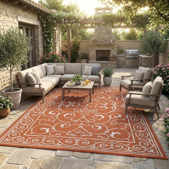 8x10 Indoor Outdoor Rug Patio Rug Stain Resistant Foldable Vintage Medallion Floral Orange