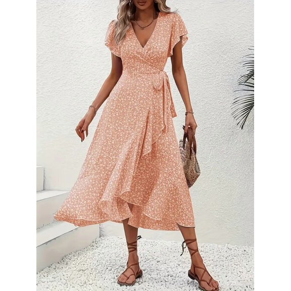 Zukuco Women's Summer Wrap Maxi Dress Casual Boho Floral V Neck Short Sleeve Ruffle Hem Flowy Split Beach Long Dresses, S