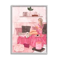 Fashionista Reading with Dog Pink Room Interior 11 in x 14 in Framed Painting Art Print, by Stupell Home Décor