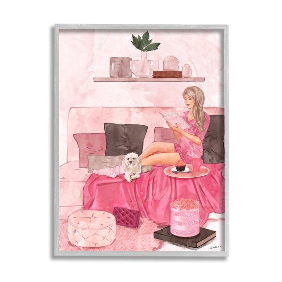Fashionista Reading with Dog Pink Room Interior 11 in x 14 in Framed Painting Art Print, by Stupell Home Décor