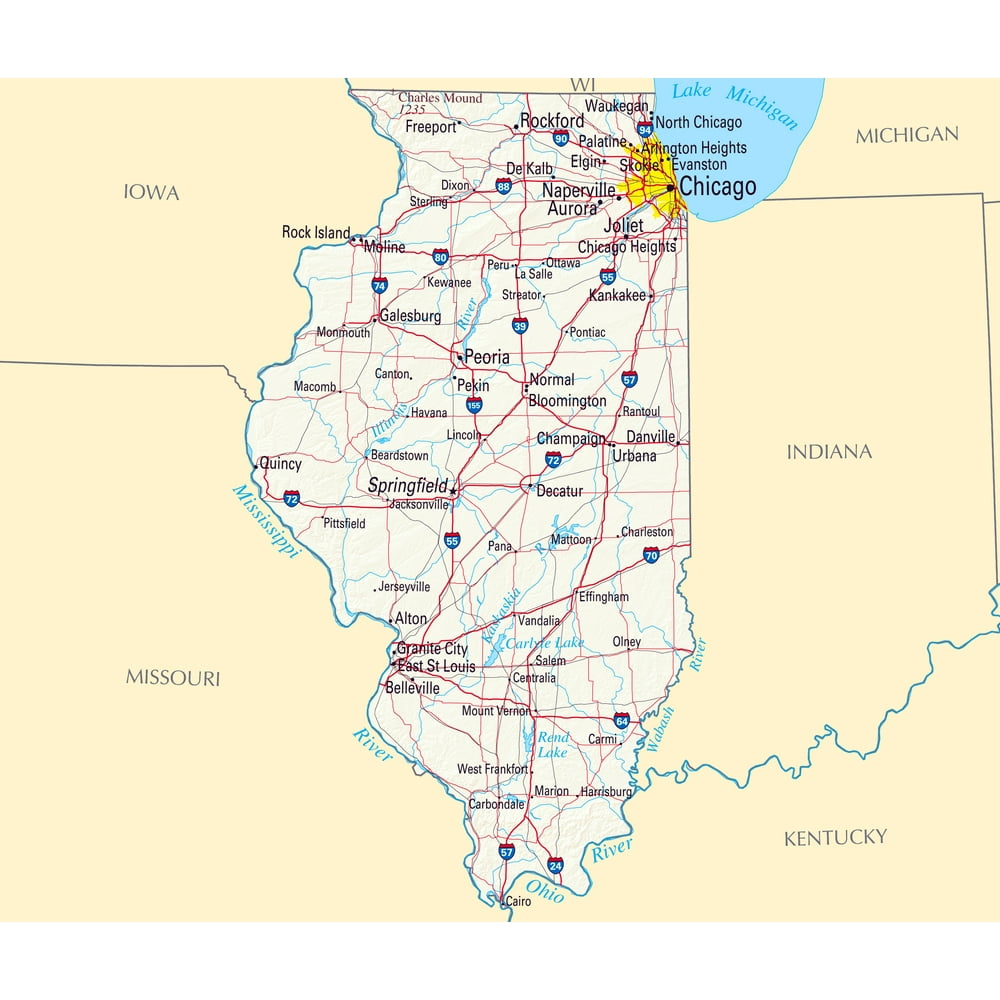 Laminated Map - Large Map Of Illinois State With Roads, Highways 