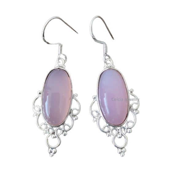 Pure 925 Sterling Silver Dangle Drop Earrings For Women, Natural Rose Quartz Oval Pink Gemstone Amazing October Birthstone Gifts Earrings