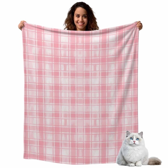 Modern Pink White Buffalo Check Throw Blanket Flannel Fleece Throws, Minimalist Geometric Plaid Lightweight Super Soft Warm Blankets for Couch Sofa Bed All Season Use, 40x50 in