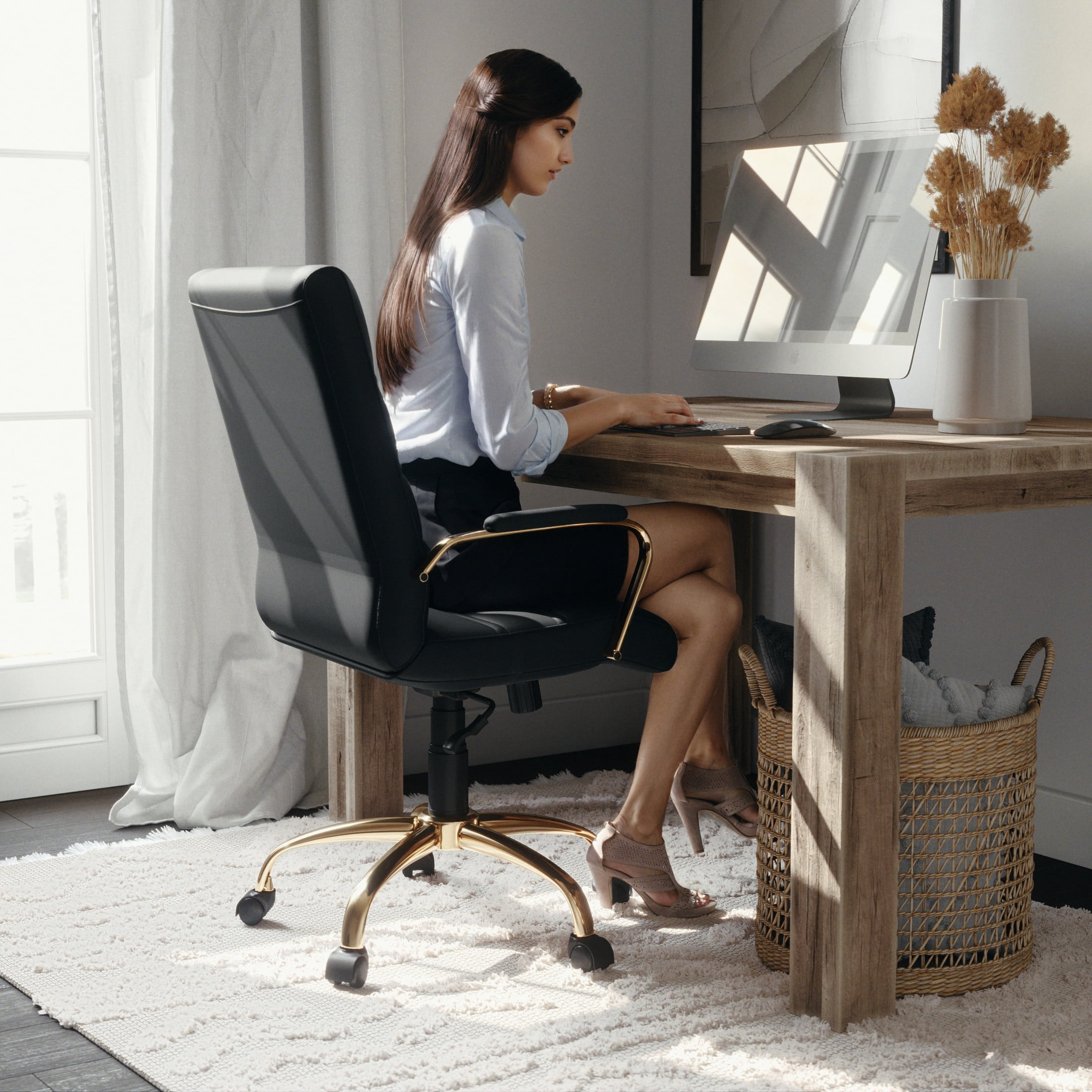 Flash Furniture Whitney Mid-Back Swivel LeatherSoft Desk Chair with Armrests, Black/Gold