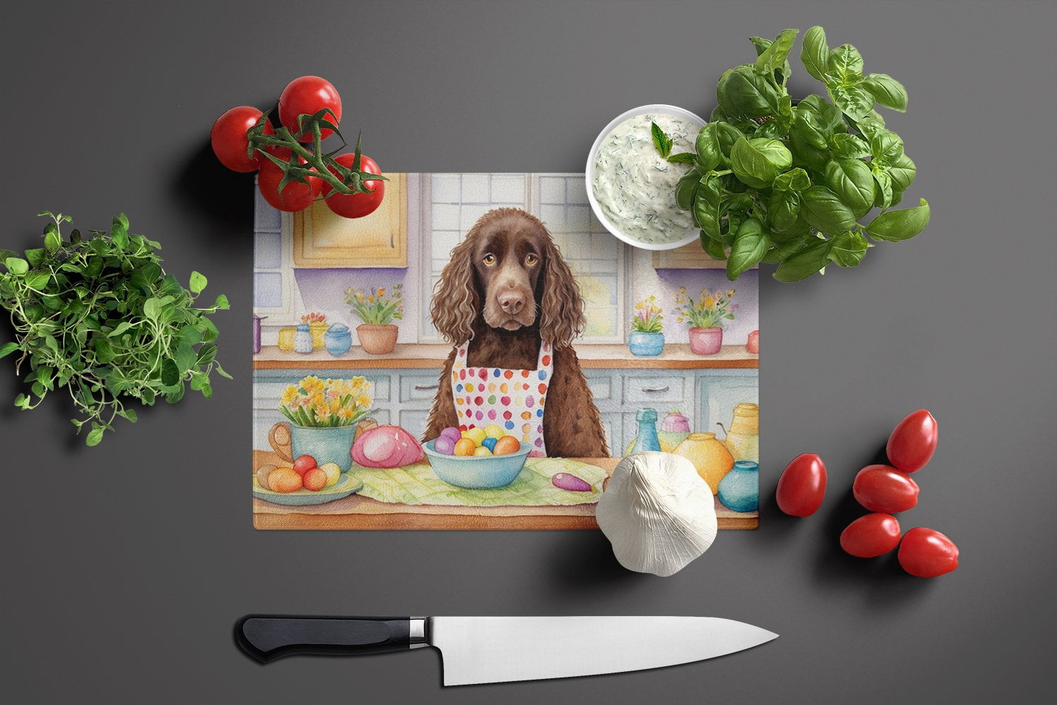 Decorating Easter Water Spaniel Glass Cutting Board 12 in x 15 in
