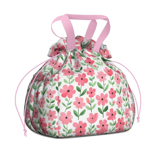 Pioneer Flower Drawstring Lunch Bag Women - Drawstring Lunch Bag Insulated for Work Office - Stain-Resistant Large Lunchbags for Women with Multi-Pockets