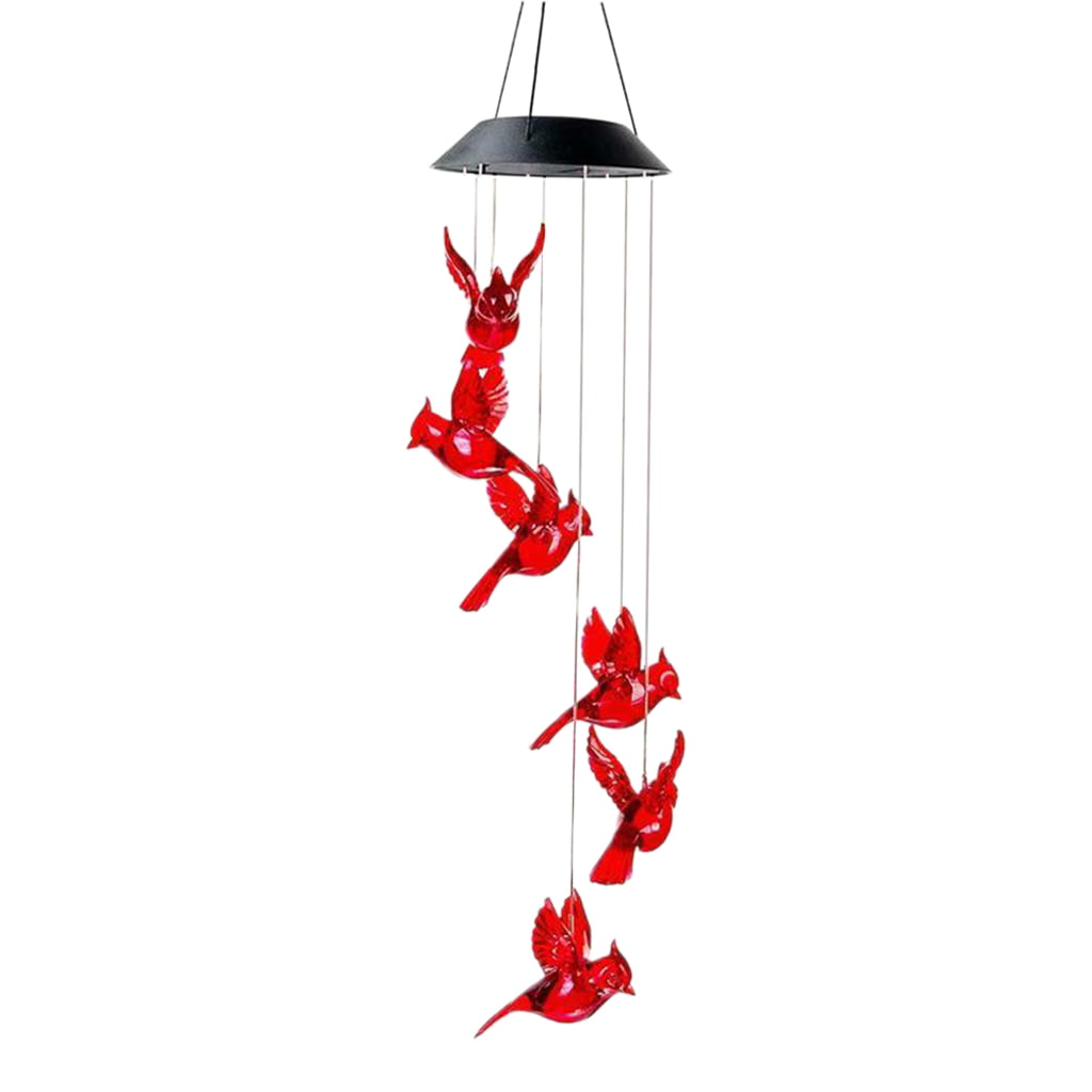 Solar Powered LED Red Cardinal Bird Wind Chime Color-Changing Light Garden Decor 