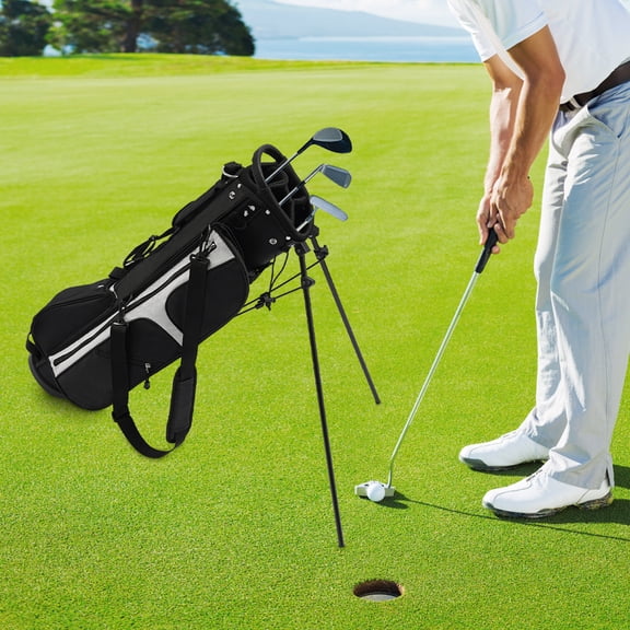 ToppiJoy Portable Golf Stand Bag Lightweight with 3 Dividers & 5 Pockets, Adjustable Shoulder Strap, Stable Stand for Driving Range, Par 3 & Executive Courses(Black White)