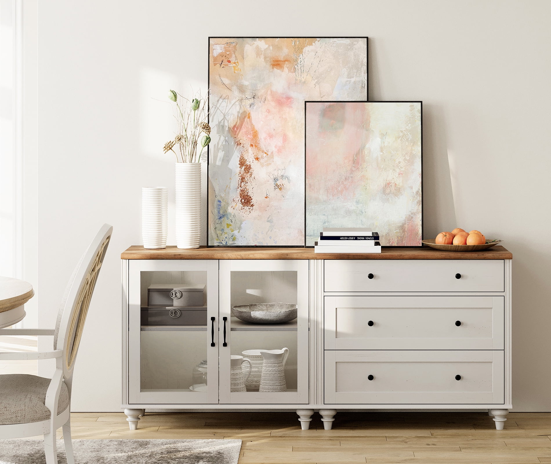 TV Stand for 75 Inch TV, 2-in-1 Wood TV Cabinet Entertainment Center Television Stands for Living Room, Sideboard Buffet Cabinet with Glass Door & Drawer for Kitchen, White