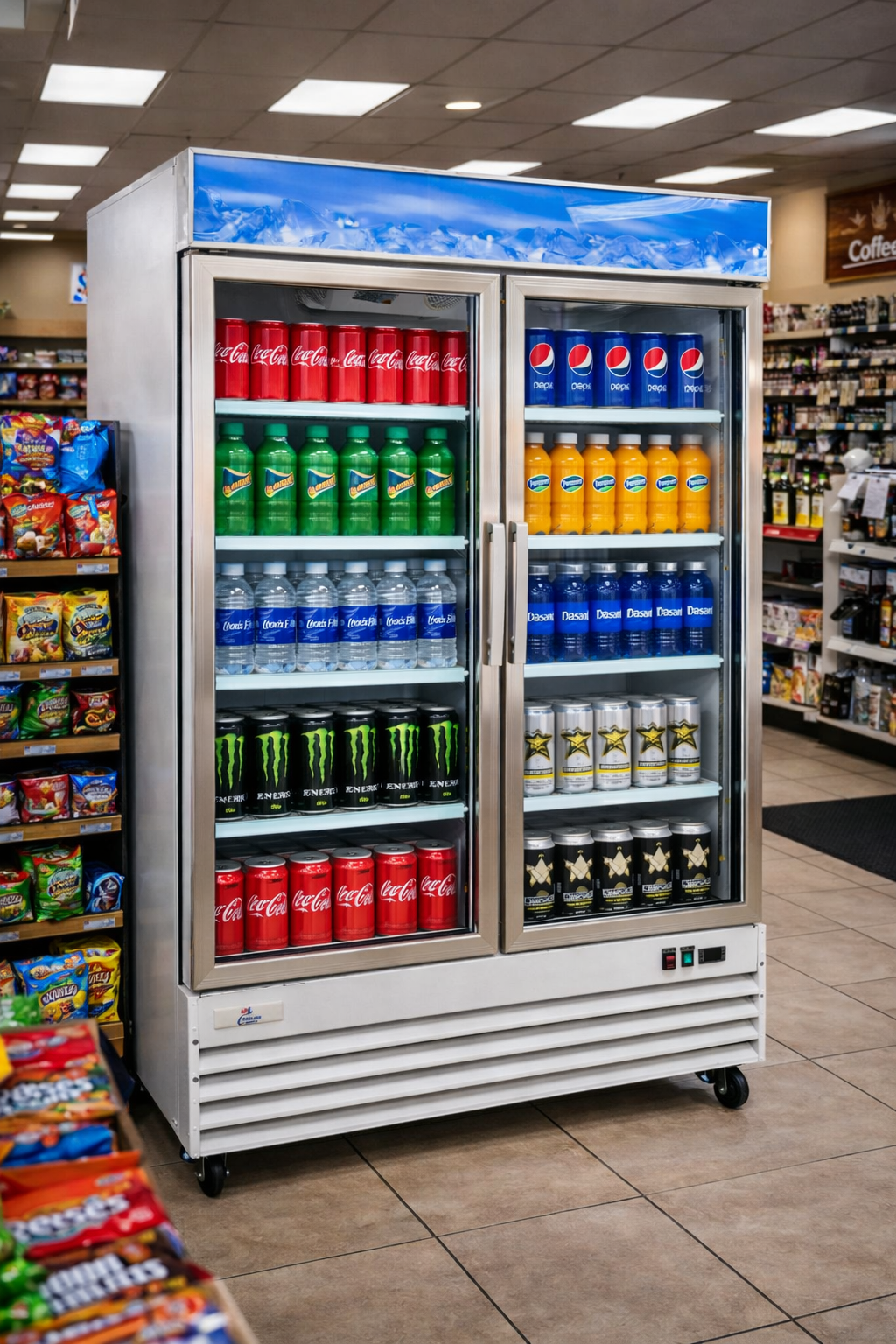 Cooler Depot Commercial Merchandiser Refrigerator, 54 inch, 45 cu. ft,  2 glass door cooler, NSF Certified.