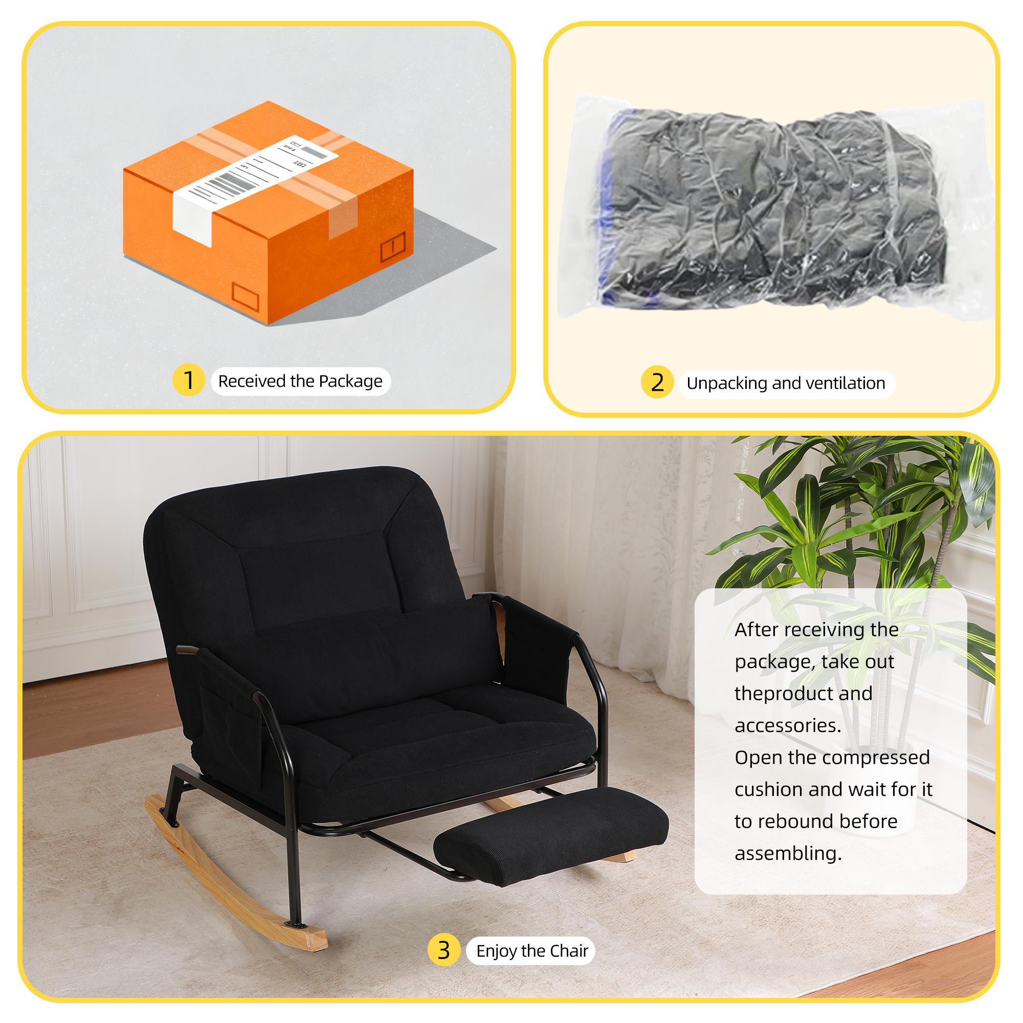 Hforesty Oversized Rocking Chair with Footrest ,Rocker Glider with Metal Farm,Wooden Bottom and Adjustable Backrest for Indoor Use: Balcony, Living Room or Bedroom.(corduroy)BLACK