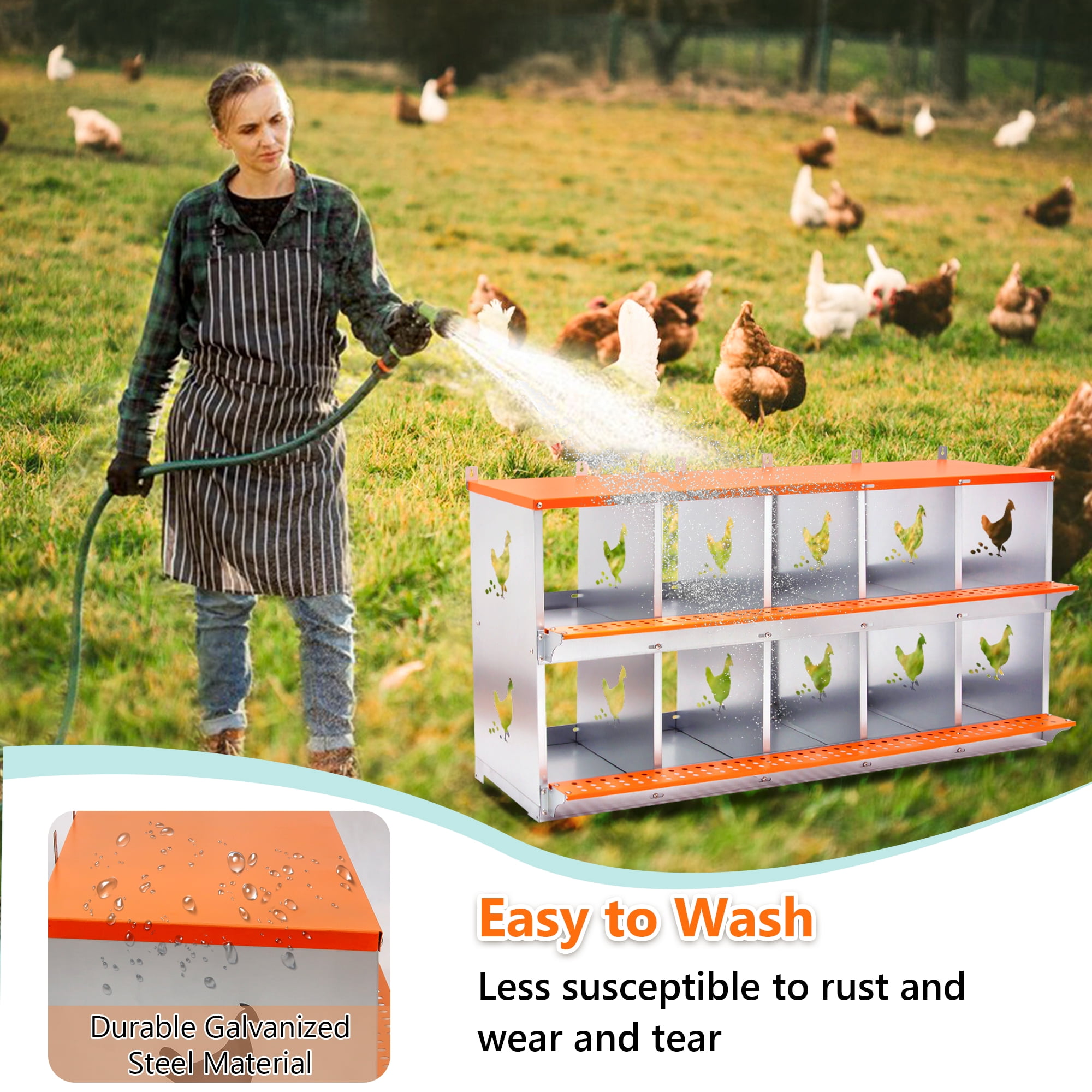 10-Bay Metal Poultry Nest Box, Orange Wall Mount Nesting Box for Hens and Ducks, Galvanized Steel Coop Accessory with Coconut Fiber Pad, Vented Design for Easy Egg Collection