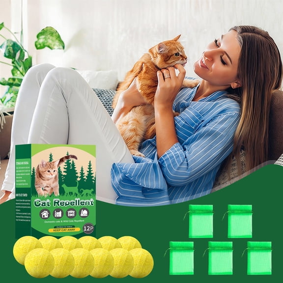 Natural Cat Repellent Balls (12 Pcs) - Indoor & Outdoor Use, Cat Deterrent Outdoor to Keep Cats Away, Keep Cats Out of Yard Permanently, Essential Oil Repellent, Protect Furniture from Scratching