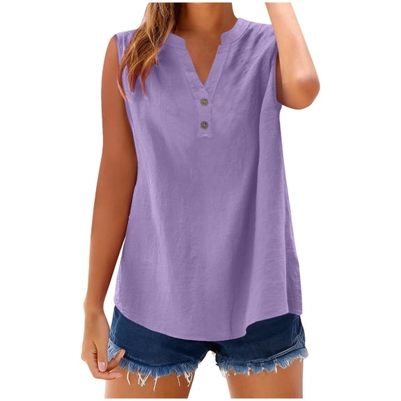 Linen Tops for Women V Neck Sleeveless Tank Top Solid Color Button Up Shirts Curved Hem Blouses Loose Fit Summer T Shirts