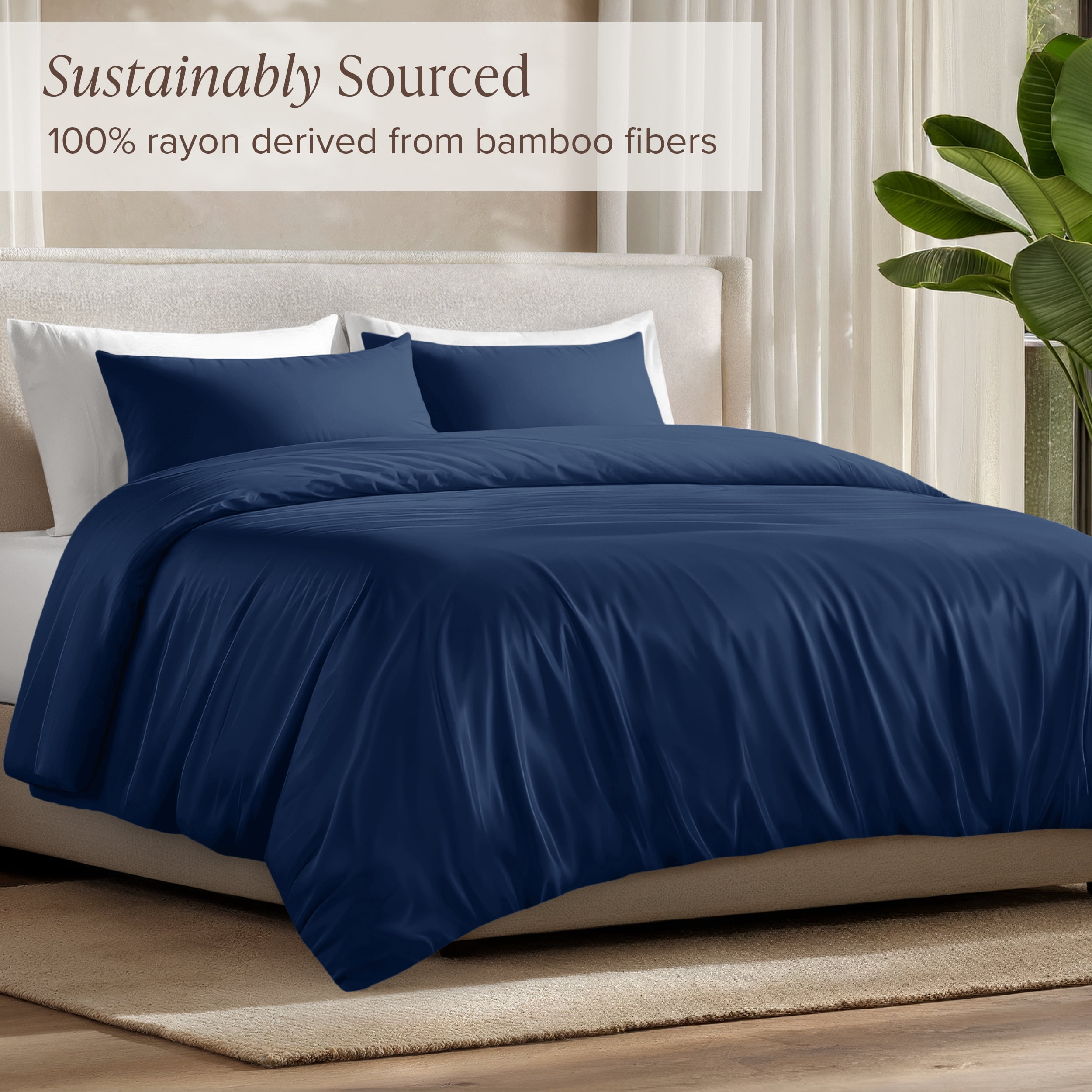 Bare Home Bamboo 3-Piece Duvet Cover Set - Made from Rayon Fibers - Soft, Cooling & Breathable - California King,Dark Blue