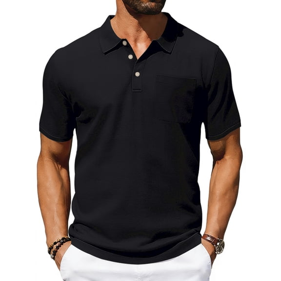 GrmtClth Men's Polo Shirt with Chest Pocket Short Sleeve Solid Color Business Casual Regular Fit Classic Work Tops 2026 Black 2XL