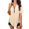 thumbnail image 2 of YHAJDS Basic Tees Spring Tunic Blouse V Neck Zipper Front Solid Color Casual Short Sleeve, 2 of 5