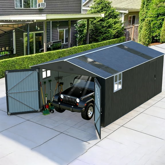 Upgraded 13x20 FT Outdoor Storage Shed - Large Metal Garage with 2 Windows & 2 Skylight Panels, Heavy Duty Steel Tool Shed for Cars, Trucks, Lawn Equipment (260 Sq Ft)