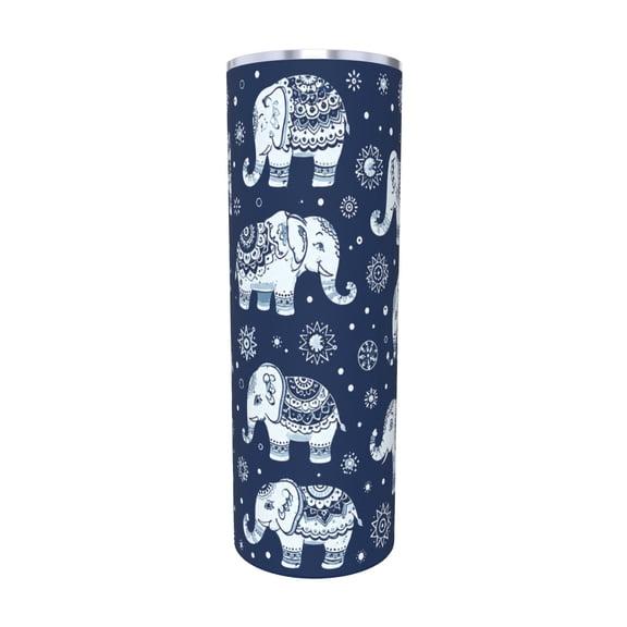 20oz Blue White Elephant Mandala Insulated Tumbler with Handle and Straw Boho Travel Cup Gift for Elephant Lovers with Straw