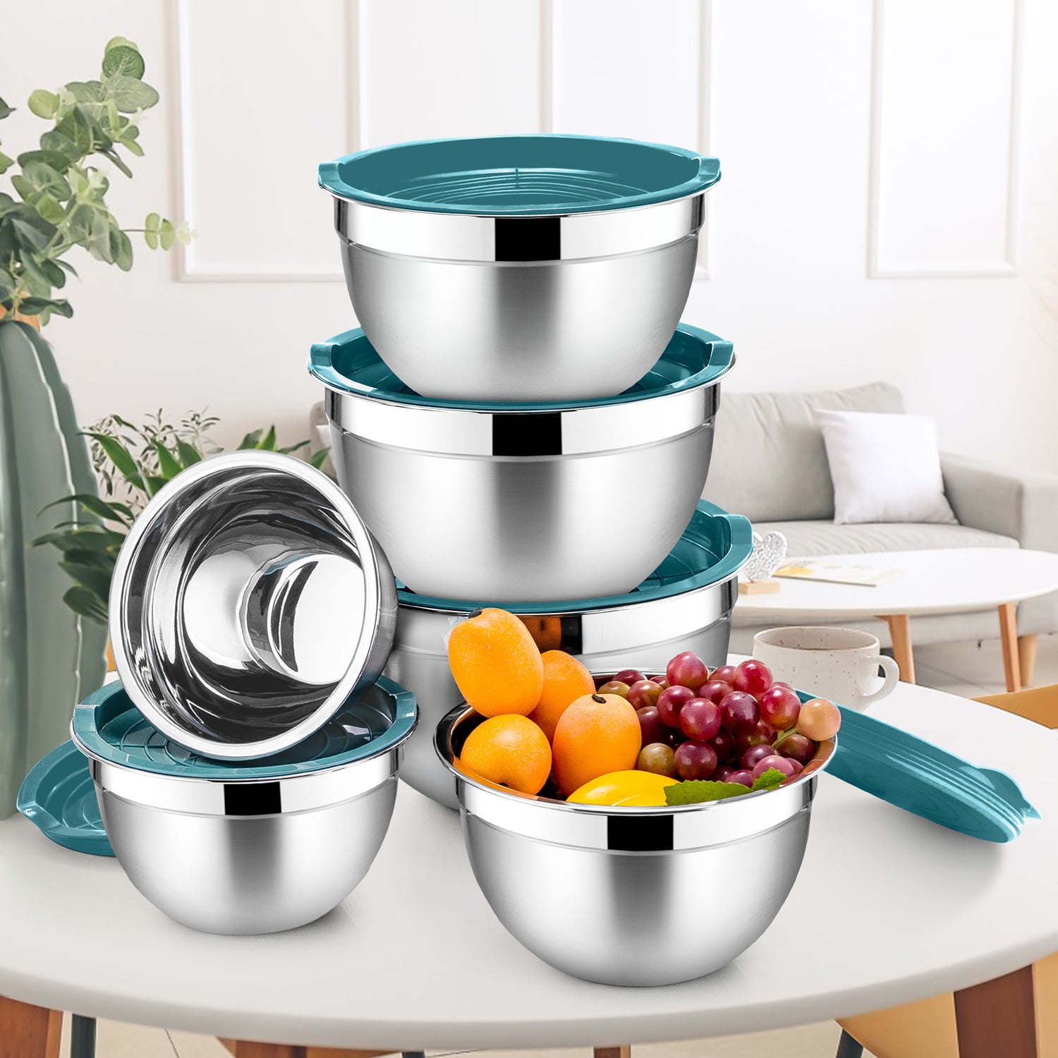 Walchoice Mixing Bowls with Lid Set of 6, Stainless Steel Metal Nesting Bowls for Cooking, Baking, Preparing, Serving, Size 4.5/3/2.5/1.5/1/0.7 QT - Dark Blue