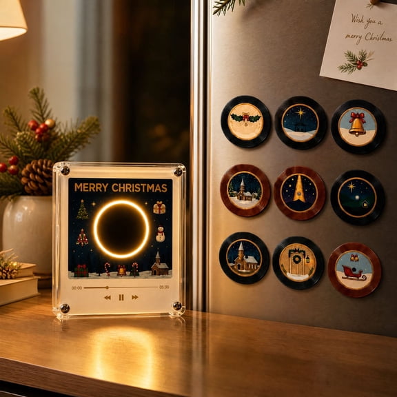 Christmas Vinyl Player Fridge Record NFC Magnetic Music Box Set Mini Jingle Magnets,Refrigerator Custom Storage, Personalized Retro,9 PCS Programmable Playback,Free Playback for Christmas Decor and
