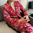 thumbnail image 3 of 2024 New Men's Fashion Men Leisure Northeast Big Flower Suit Set A Button Printed Suit Pants Two-Piece Set, 3 of 3