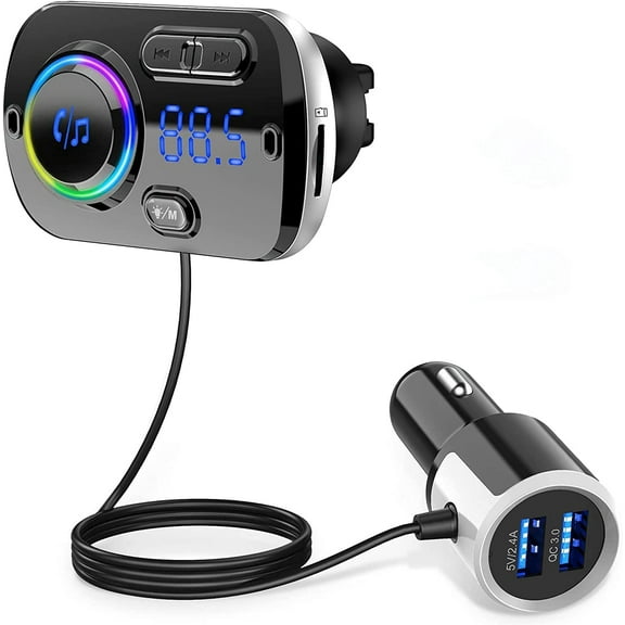 Bluetooth 5.0 Car Audio Transmitter | 20W PD Type-C & QC3.0 USB Fast Charging, Hands-Free Calling, RGB Ambient Light, TF Card & FM Transmitter for Enhanced Car Audio Experience