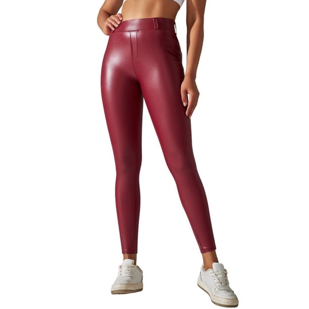 Gibobby Pantalones de Casuales Leggings de yoga para mujer con bolsillo de PU, corte ceñido, mallas deportivas con forro polar, pantalones elásticos de cintura alta(Rojo, XL)