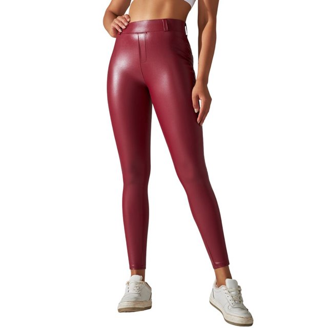 Gibobby Pantalones de Casuales Leggings de yoga para mujer con bolsillo de PU, corte ceñido, mallas deportivas con forro polar, pantalones elásticos de cintura alta(Rojo, M)
