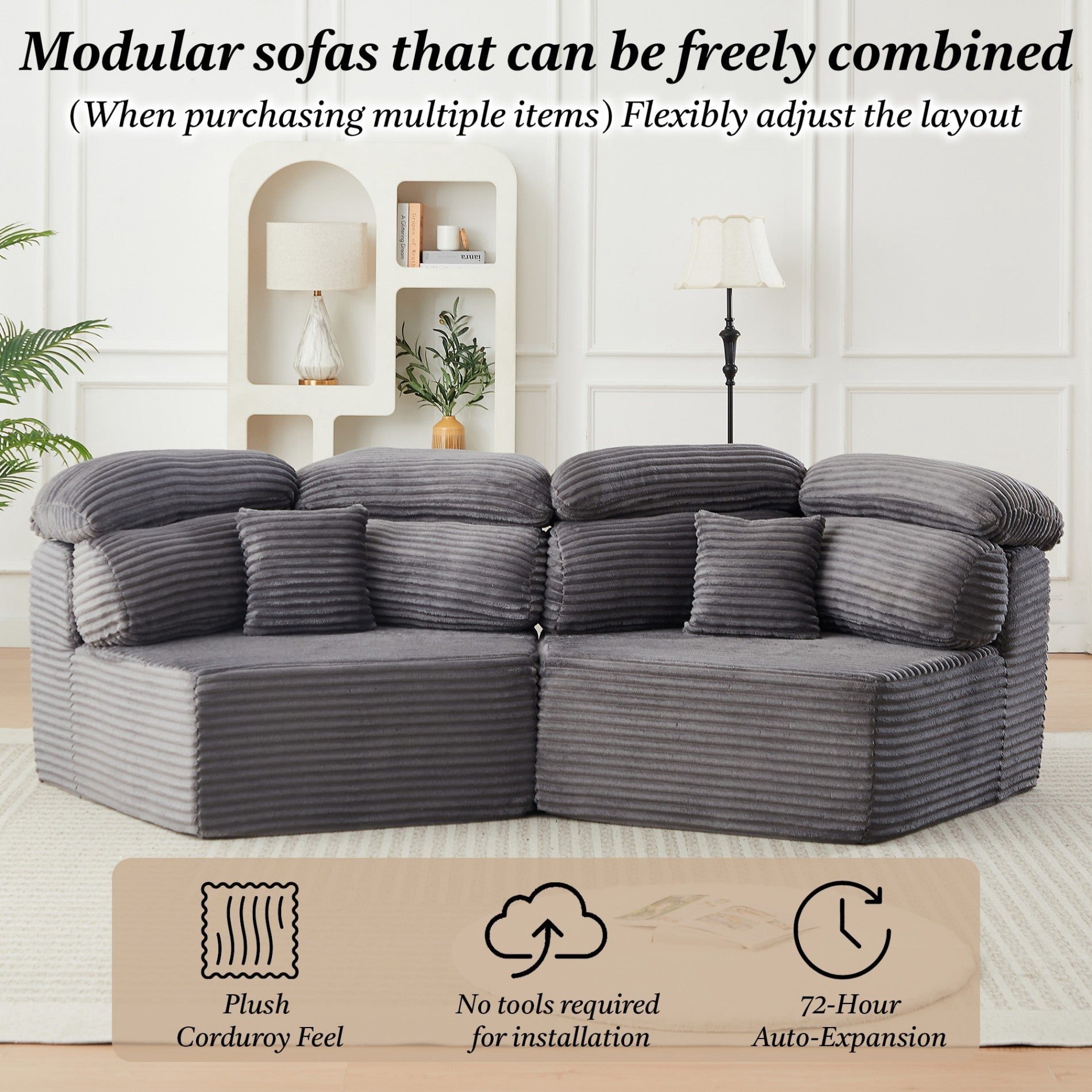 Sailvan 2PCS 53" Modern Corduroy Modular Lounge Chair, Pentagonal Seater Cloud Sofa with 6 Enveloping Pillows for Living Room Grey