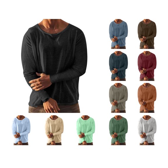Afuyipoi Men's Long Sleeved Shirt Washed Linen Round Neck Pullover Tops Basic Undershirt Black Size L