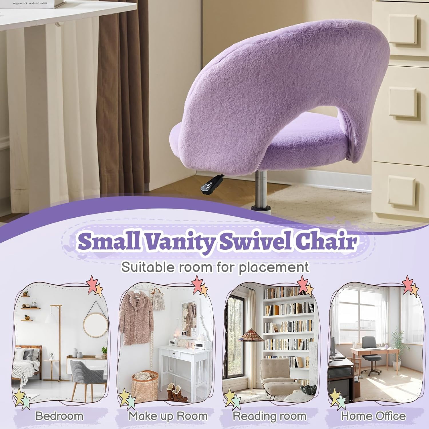 VINGLI Small Vanity Chair with Wheels for Girls.Cute Modern Adjustable Height Armless Office Desk Chair.360°Swivel Comfy Rolling Chair for Study, Make up Room,Small Space,Linen White