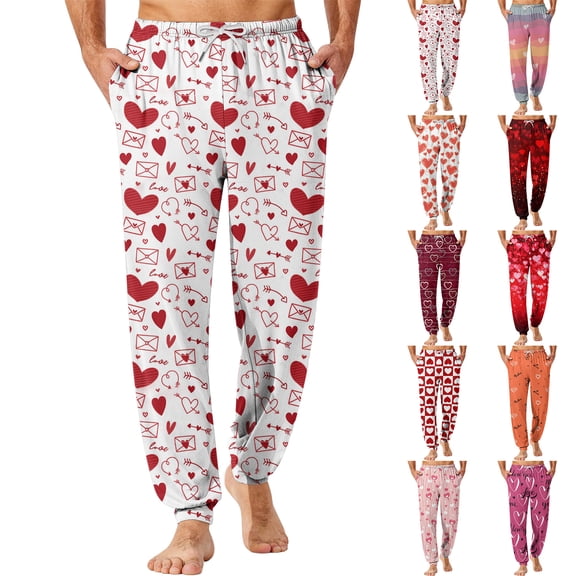 Men's Drawstring Pocket Cuffed Casual Pants, Heart Print Valentine's Day Home Sleep Pants for Gift and Holiday,Beige,L