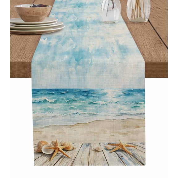 Beach Coastal Table Runner 108 Inches, Watercolor Ocean Waves Starfish Summer Bed Runner Dresser Scarves Tabletop for Indoor Outdoor Parties/Ceremony/Banquet, 13"x 108"