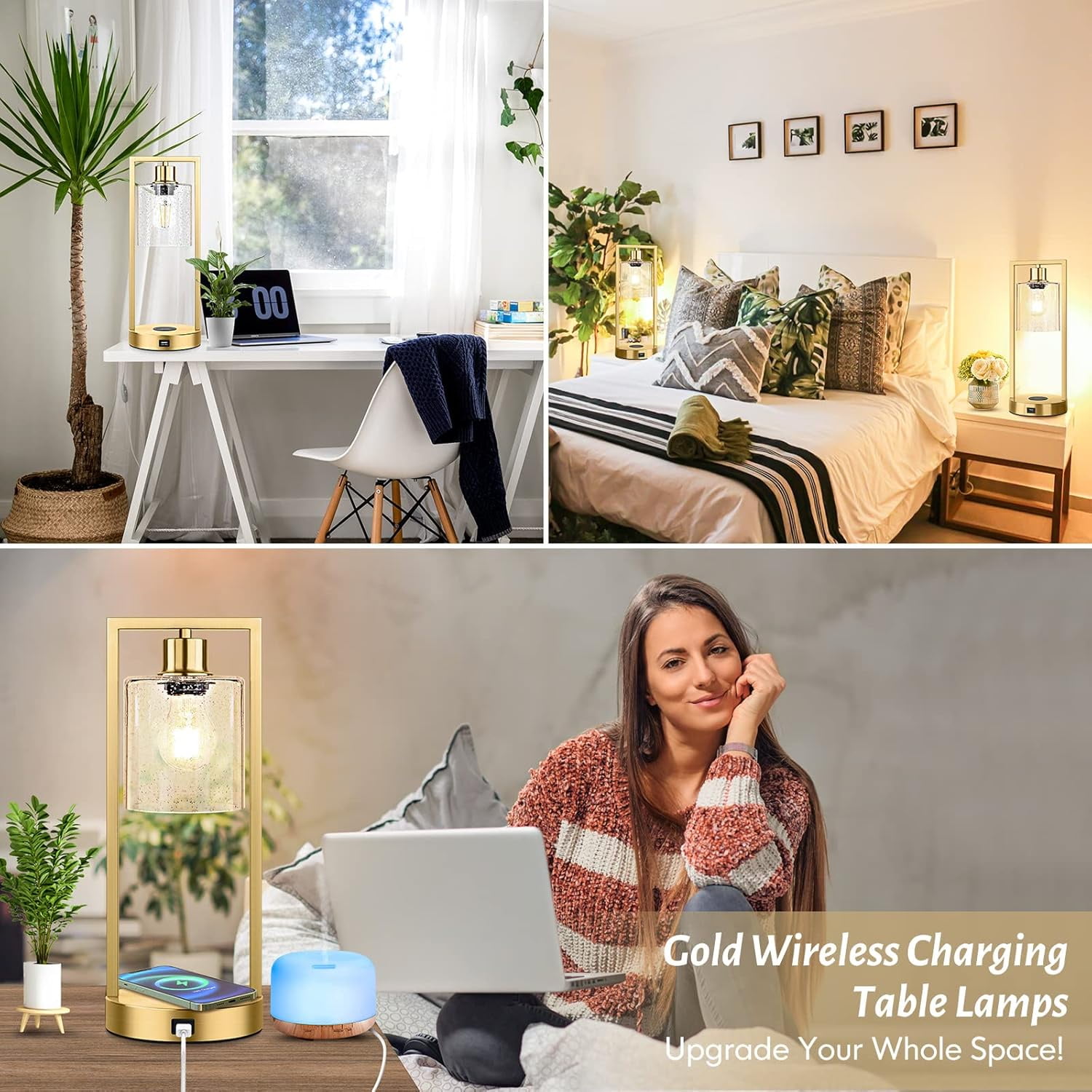 Set of 2 Wireless Charging Industrial Table Lamp, Gold