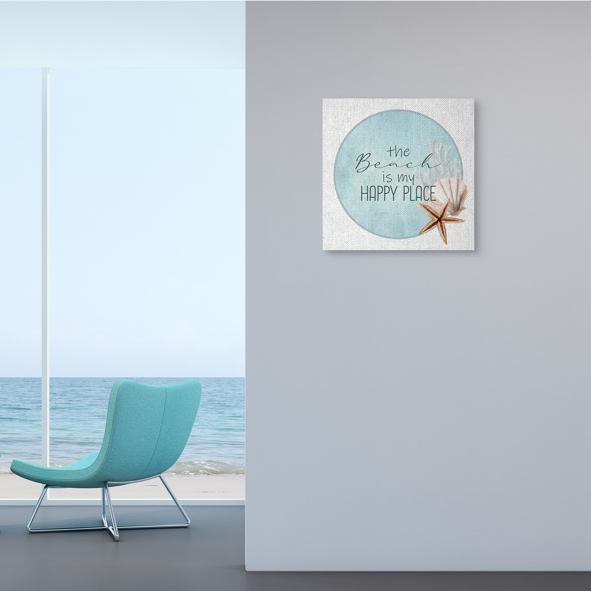Beach is my Happy Place Sentiment Shell Starfish Typography Gallery-Wrapped Canvas Print Wall Art, 17x17