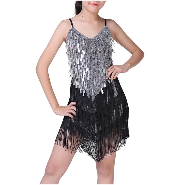 Odeerbi Vestido de Baile Latino Con Lentejuelas Para Niña Rendimiento En Escena Trajes de Verano Vestido de Algodón Con Flecos Vestido Sin Mangas Con Camisola Traje de Baile Con Borlas