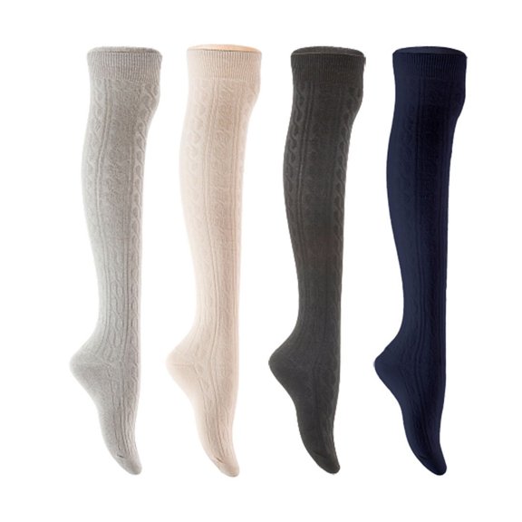 Lian LifeStyle Women's 4 Pair Adorable Comfortable Soft Thigh High Over Knee High Cotton Socks Size 6-9 L1024 Light Grey,Cream,Black,Navy