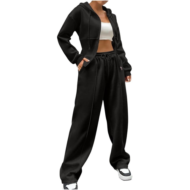 Timegard Womens Sets 2 Piece Sweatsuits Zip up Hooded Long Sleeve Jackets Drawstring Wide Leg Pants with Pockets Outfits