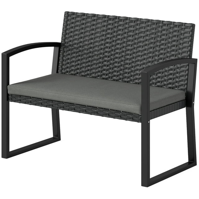CoSoTower 2 Seater Outdoor Bench, Rattan Garden Bench Loveseat with Cushion, Armrests, Steel Frame for Patio, Porch, Light Grey