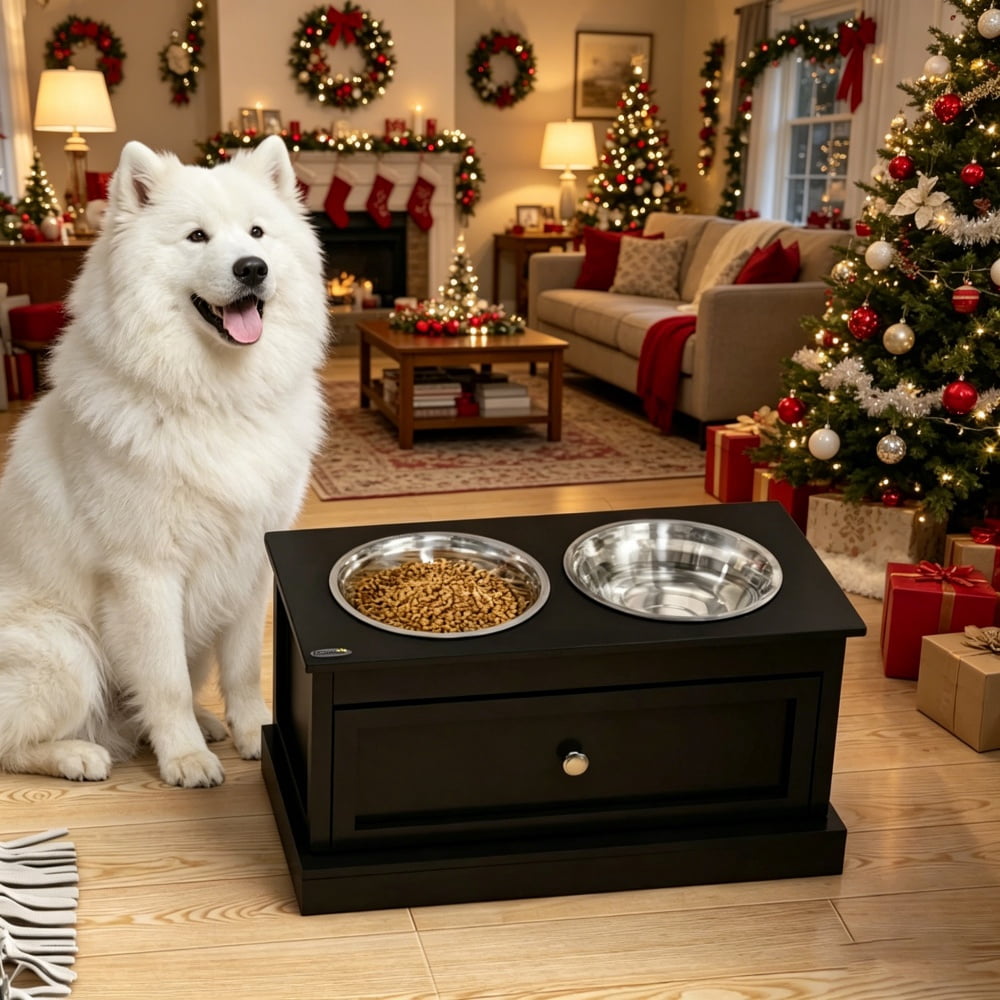 Elevated Dog Bowls with Storage Drawer, Raised Pet Feeder Stand with Dishwasher Safe Stainless Steel Bowls, Modern MDF Feeding Station in Black for Large Dogs