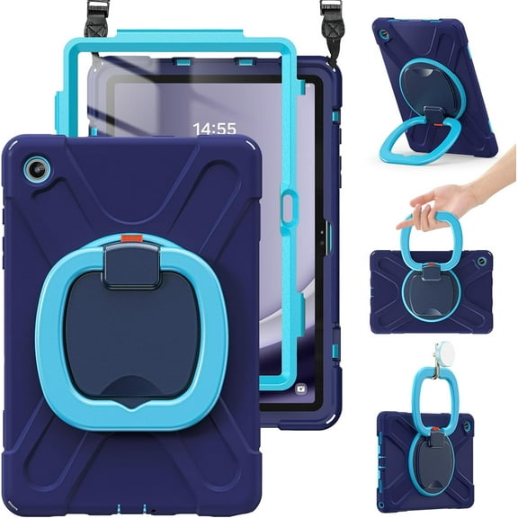 HCTian Case for Samsung Galaxy Tab A9 Plus 11 Inch 2023 SM-X210/X216/X218, Heavy Duty Rugged Silicone Cover with Screen Protector, Handle Grip, Swivel Stand, Shoulder Strap for Samsung Tab A9