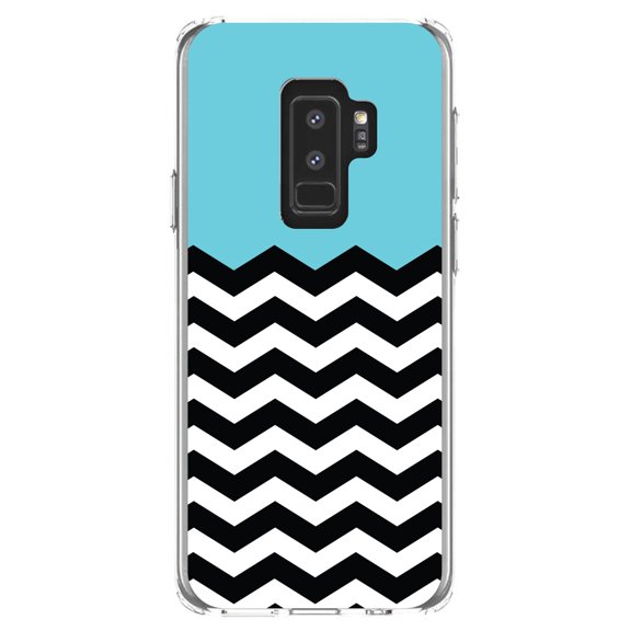 DistinctInk Clear Shockproof Hybrid Case for Samsung Galaxy S9  PLUS (6.2" Screen) - TPU Bumper, Acrylic Back, Tempered Glass Screen Protector - Black White Blue Chevron - Stripes Pattern