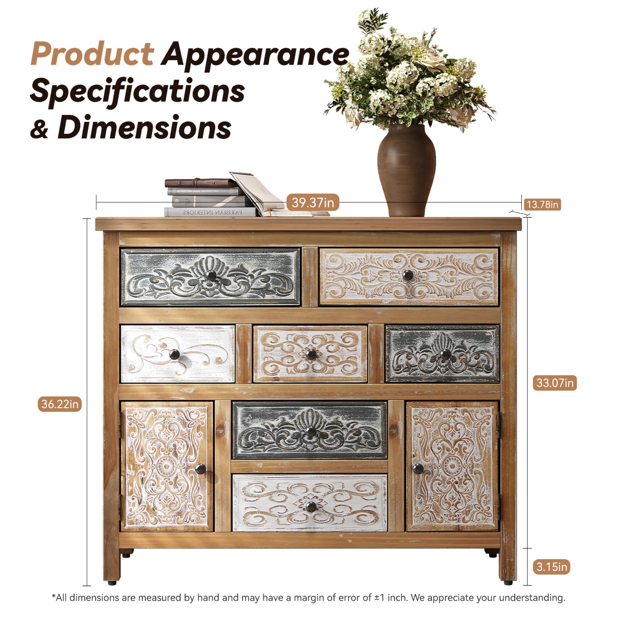 AENKYO Vintage 7-Drawer Cabinet, Bohemian Storage Dresser with Distressed Finish for Bedroom, Living Room & Entryway