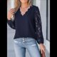 thumbnail image 5 of Blusa Elegante de Encaje para Mujer, Larga, Cuello en V, Ojales, Elegante, para Fiesta, Floral, con Cuello en V Festoneado Azul Marino XL, 5 of 9