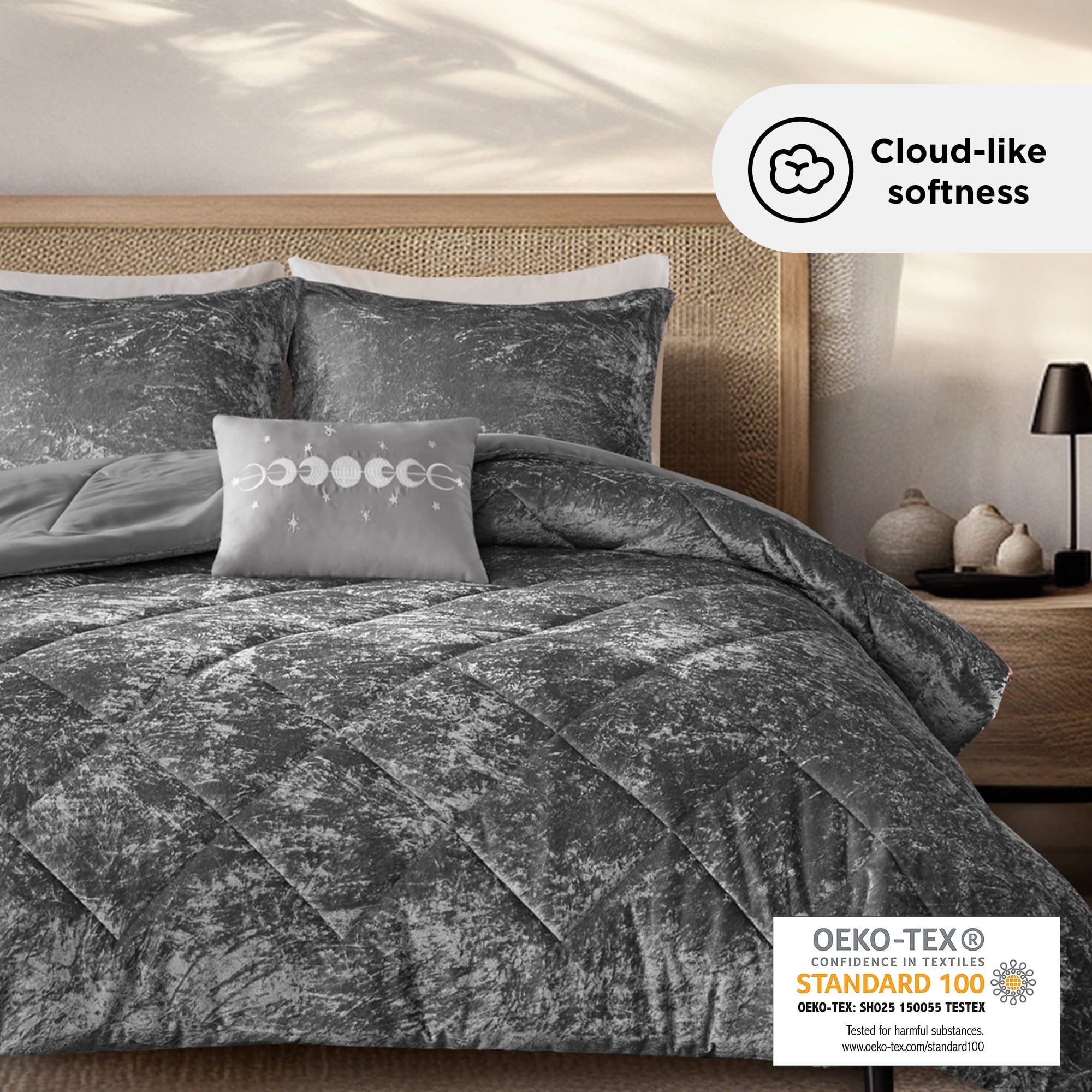 Regency Heights Full/Queen Size Comforter Sets, Velvet Bedding Comforter Set for All Seasons, Grey Bedding Set with Decor Pillow, 4-Piece