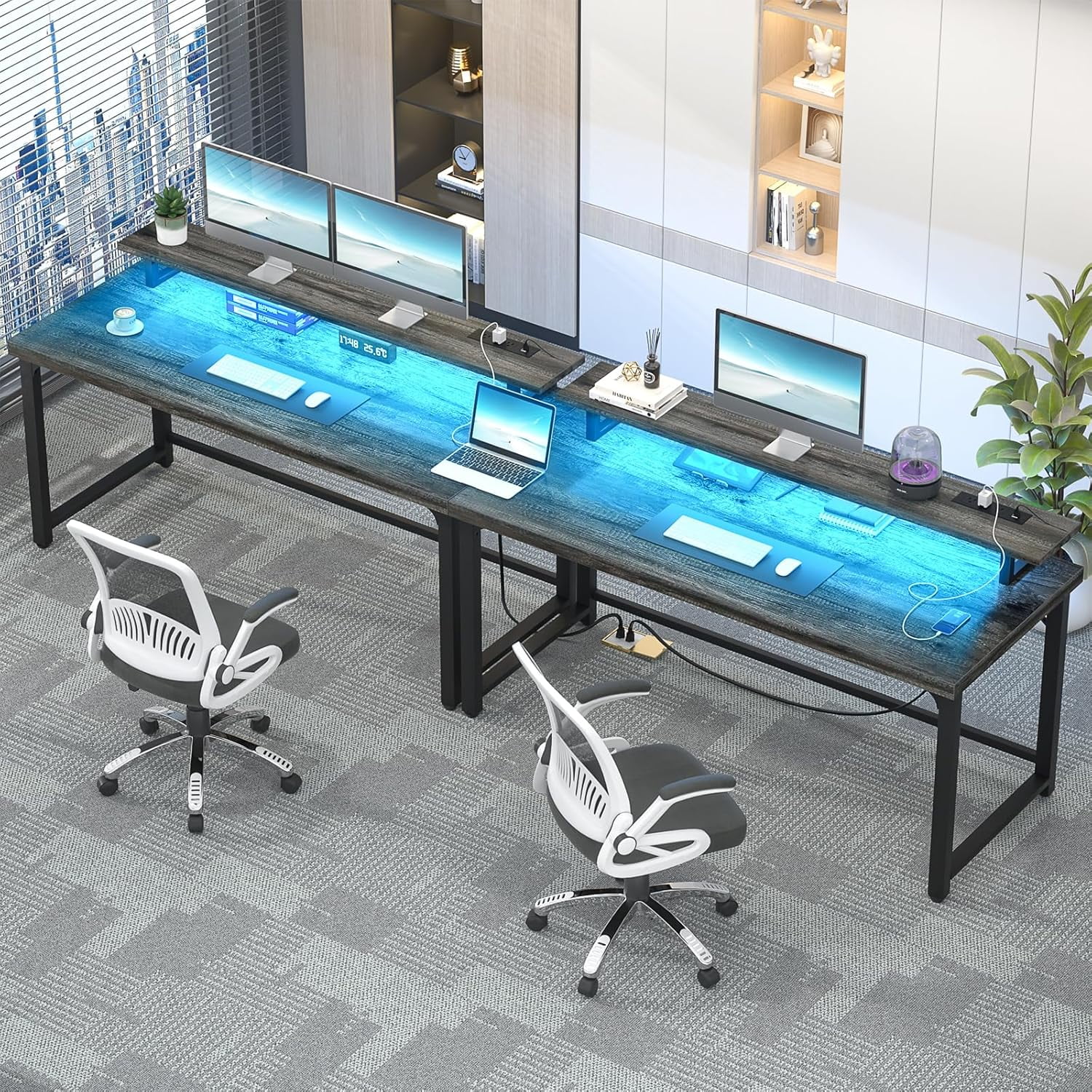Homieasy Industrial 55 Inch Computer Desk with Socket and LED Light, Thickened Home Office Desk, Writing Study Gaming Table with Storage, Modern Wooden Executive Workstation for Student, Black Oak
