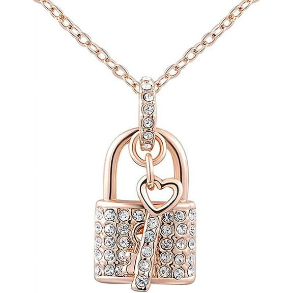 Nvzi-a Fashion Key & Lock Necklace Rose Gold Rhinestone Pendant Necklace Charm Chain Jewelry Gift